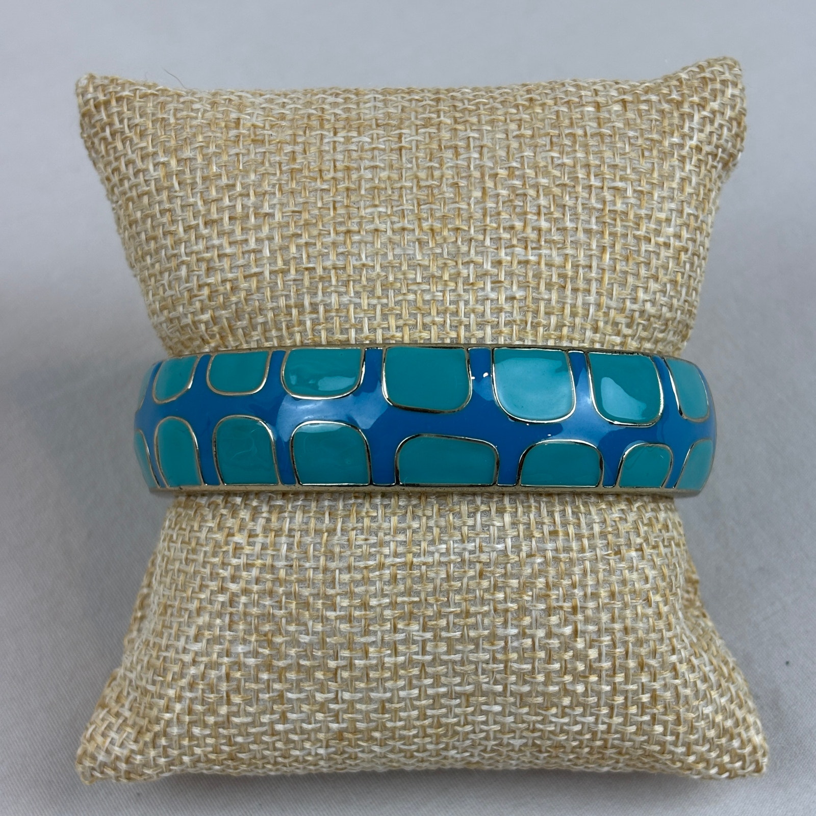 Fornash Teal Blue Green Geometric Enamel Gold Tone Hinge Bangle Cuff Bracelet